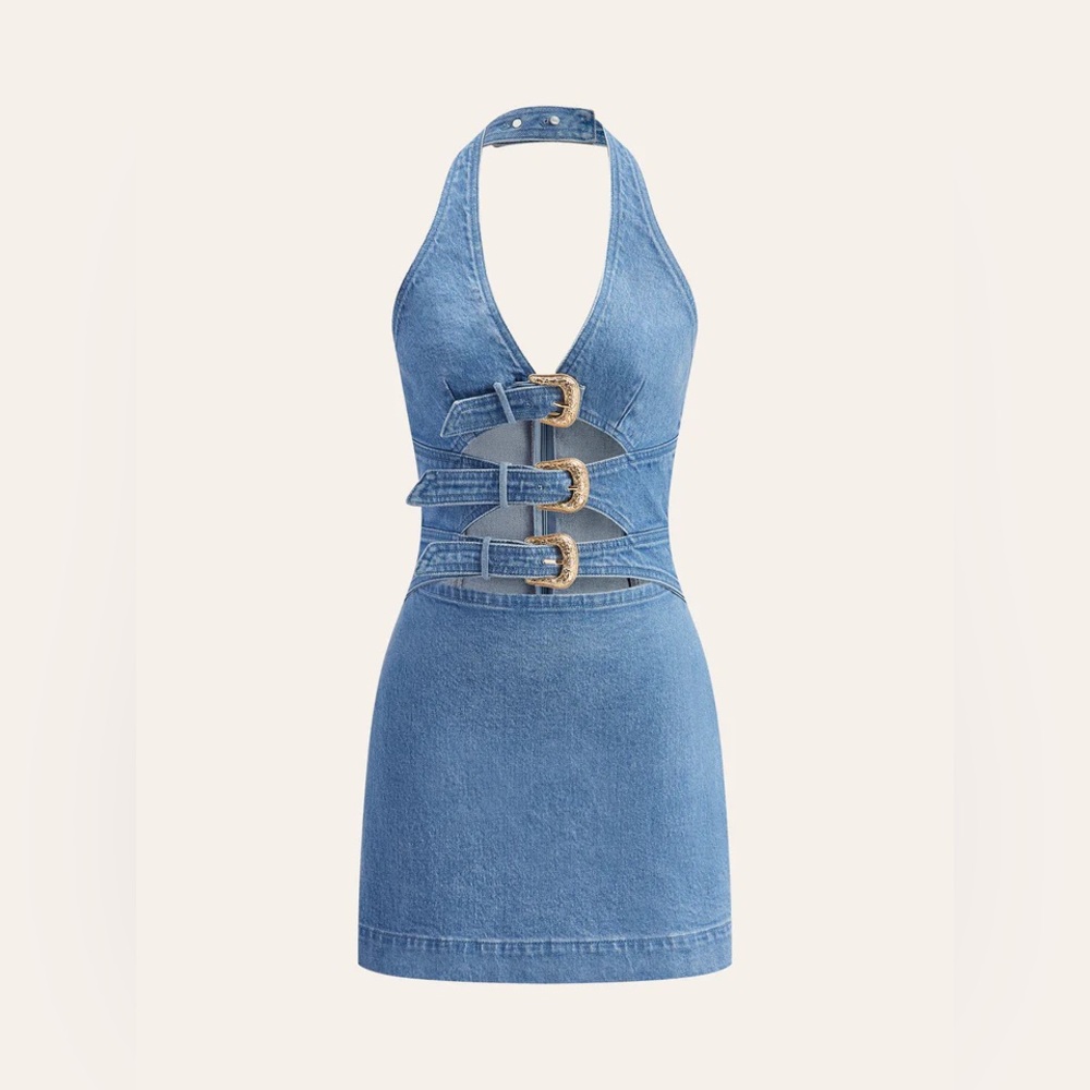 Commense Light Blue Denim Halter Backless Mini Dress with Buckle Straps